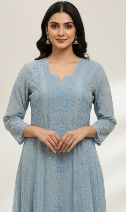 Chikankari and Aari hand embroidered Anarkali - Similar available