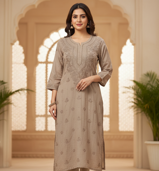 Mul Chanderi chikankari kurti : Ready to ship