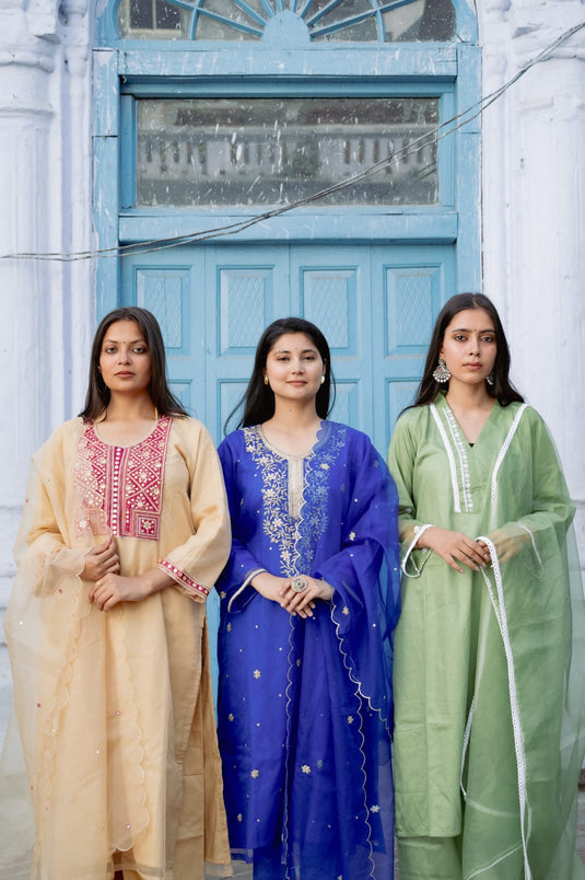 Women’s Beige Suit with Red Embroidered Yoke and Dupatta
