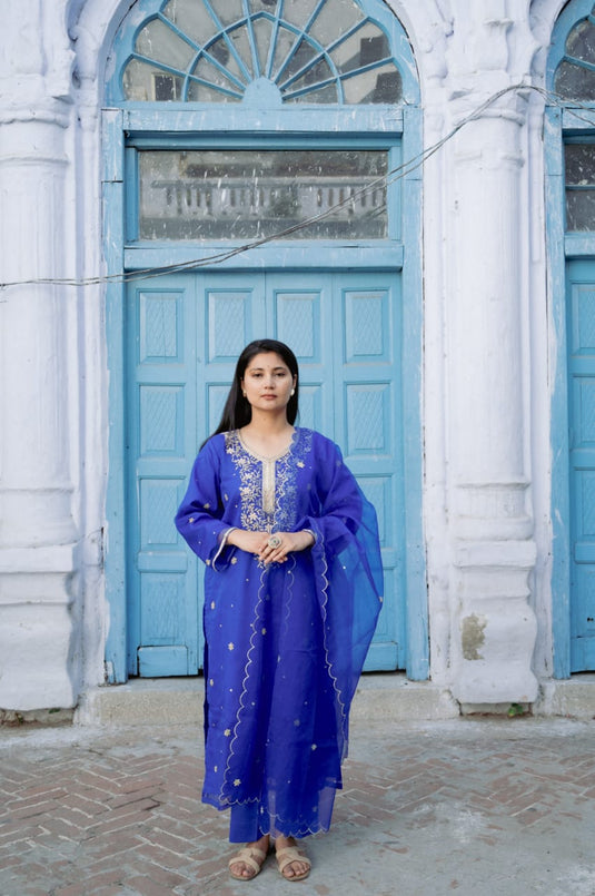 Women’s Royal Blue Suit with Golden Embroidery and Dupatta
