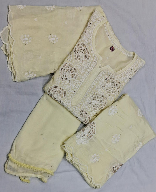 Muslin chikankari kurti plazo dupatta set : Ready to ship