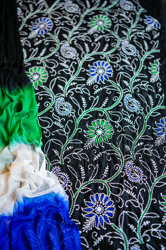Black, green, and blue Aari chikankari hand Embroidery Suit Ready to ship
