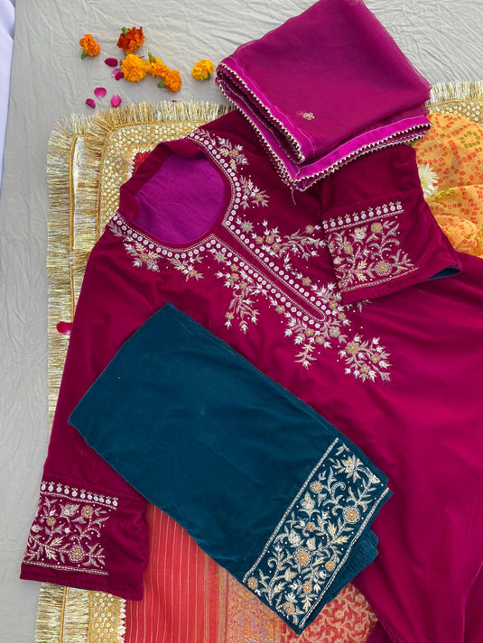 Velvet hot pink zari Aari hand embroidered outfit