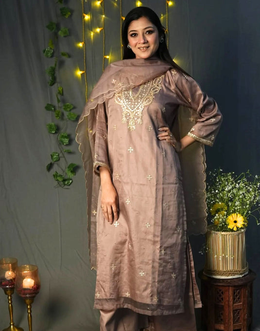 Women’s Mauve Aari Zari Embroidered Suit with Dupatta