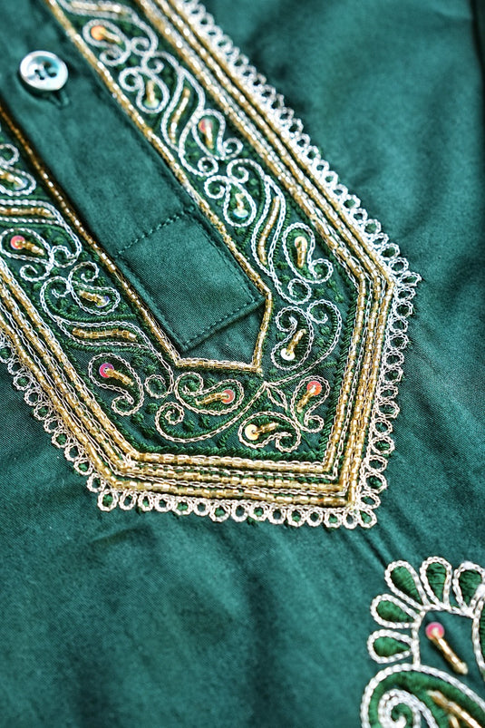 Dark Green Men's Co ord set hand Embroidered with beads Aari work