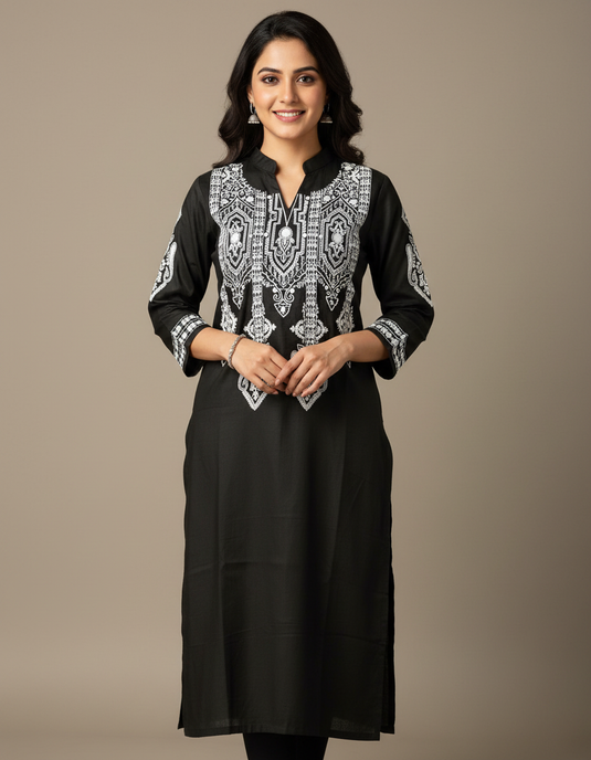 Women’s Black Kurta with Intricate White Embroidery