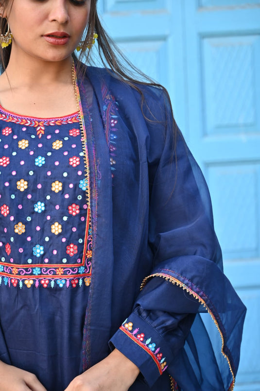 Navy Blue Hand-Embroidered Suit with Dupatta