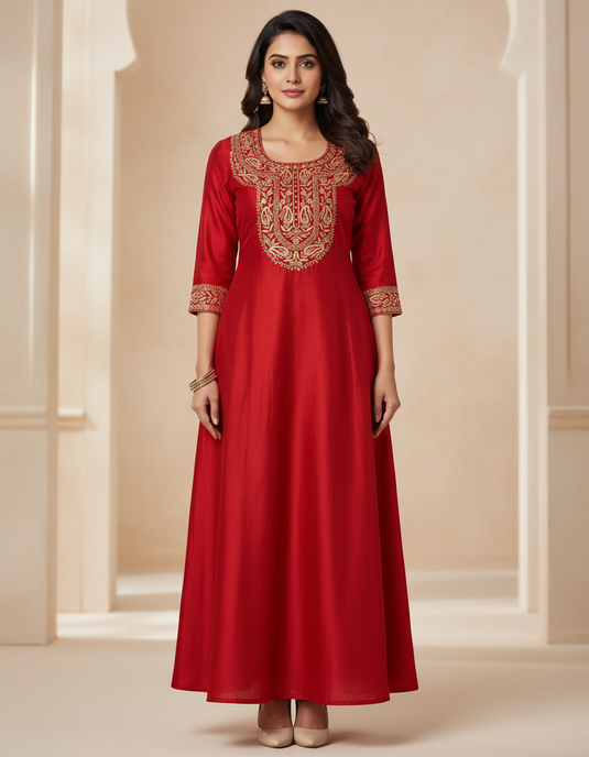 Pretty cherry red Aari zari hand Embroidery Suit