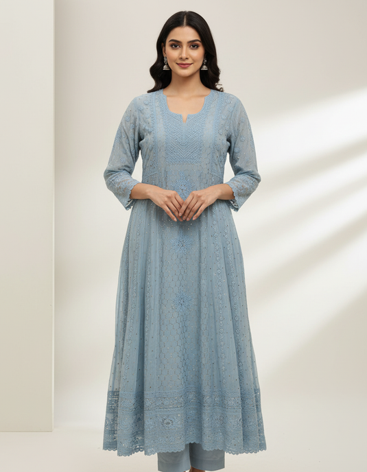 Chikankari and Aari hand embroidered Anarkali - Similar available