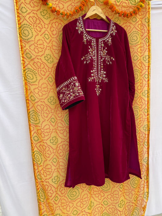 Velvet hot pink zari Aari hand embroidered outfit