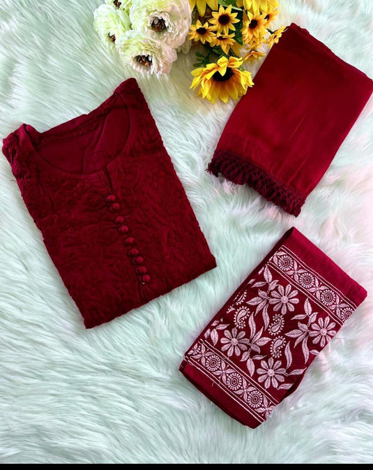 Chikankari Cotton Kurti Pant with dupatta