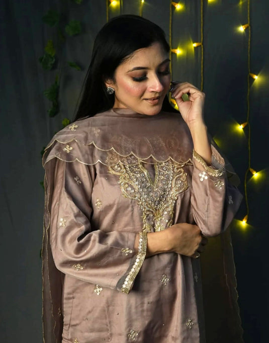 Women’s Mauve Aari Zari Embroidered Suit with Dupatta
