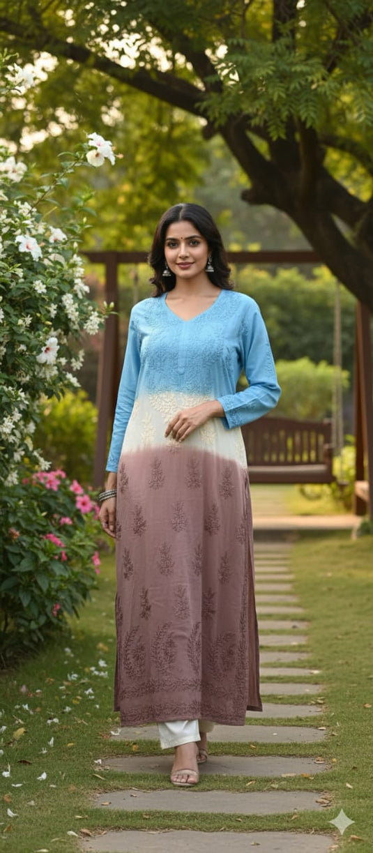 Chikankari three color mudal long kurti - similar available Ready to Ship