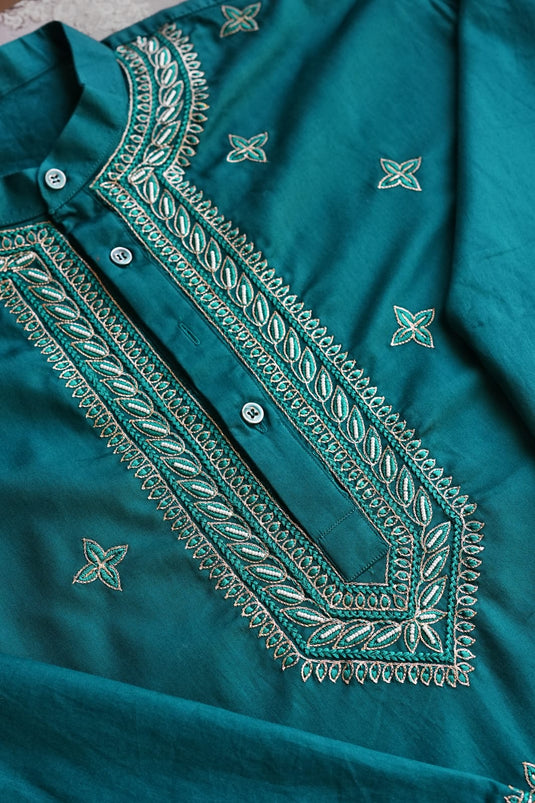 Torquise Men's Co ord set hand Embroidered with beads Aari work