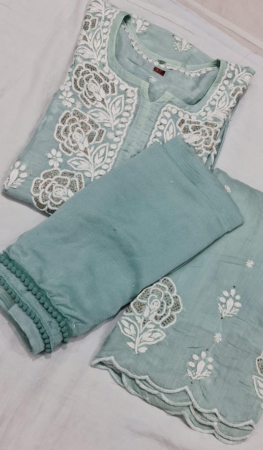 Muslin chikankari kurti plazo dupatta set : Ready to ship