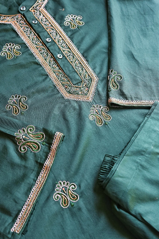Dark Green Men's Co ord set hand Embroidered with beads Aari work
