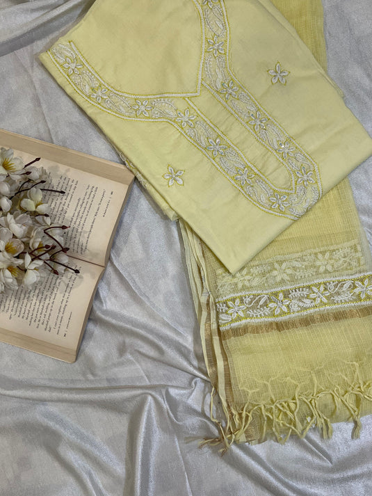 Elegant lemon yellow aari chikankari hand Embroidery Suit Ready to ship