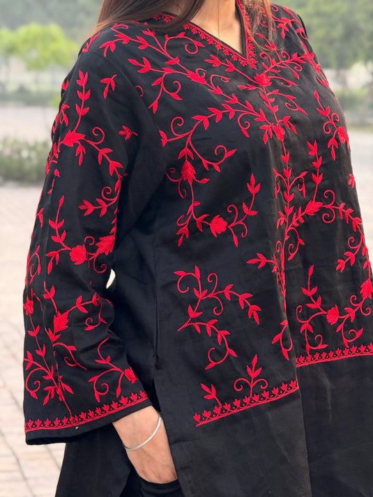 Red on black - Hand embroidery Cotton coord set