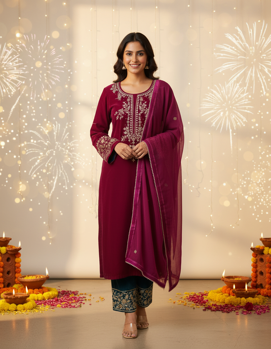 Velvet hot pink zari Aari hand embroidered outfit