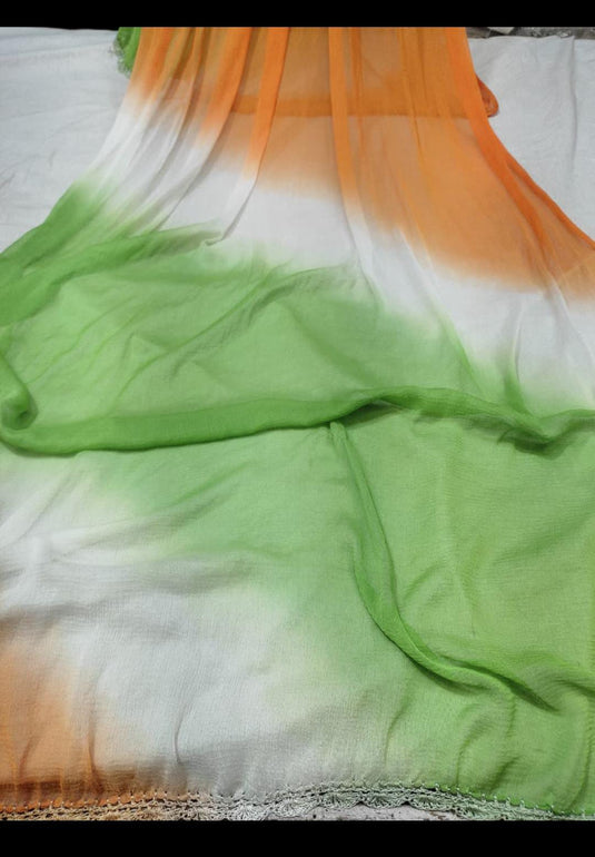 Chikankari mulmul white kurti trousre set with Tiranga dupatta