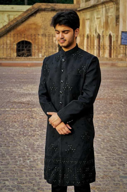 Black Royal Sherwani with Resham Aari Embroidery