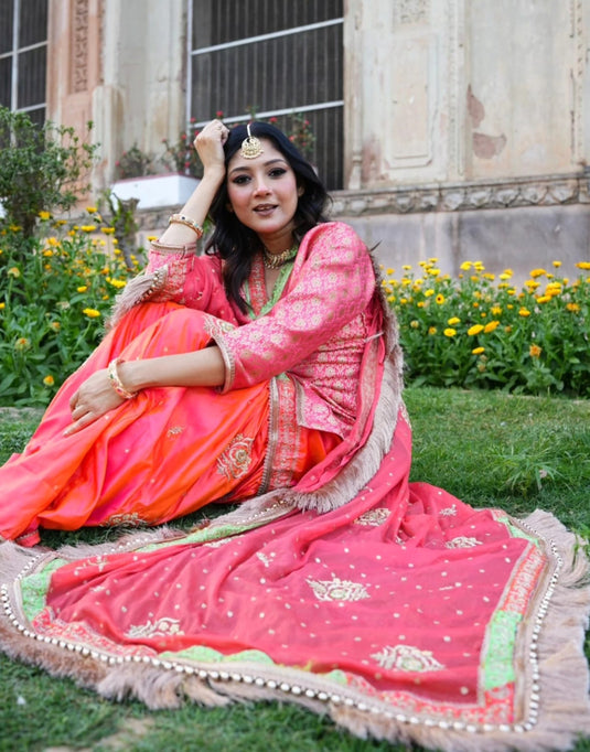 Women’s Coral Pink Sharara Set with Dupatta and Embellished Detailing