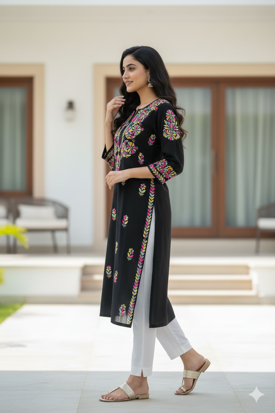Chikankari black Rayon kurti