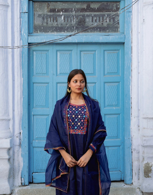 Navy Blue Hand-Embroidered Suit with Dupatta