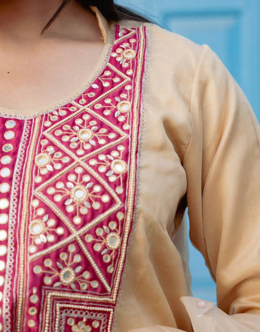 Women’s Beige Suit with Red Embroidered Yoke and Dupatta