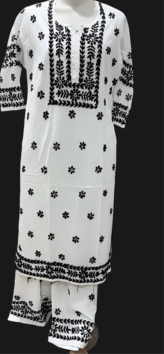 Rayon plazzo White Par Black set chikan kari