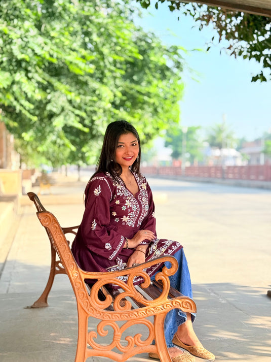 Maroon kurti top Aari chikankari hand embroidered - Similar available
