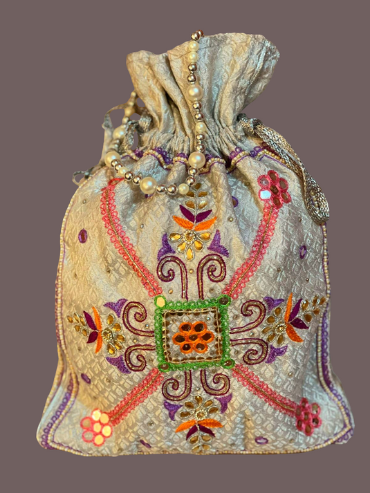 Silver Aari hand Embroidered Potli Bag with Multicolor Floral Detailing