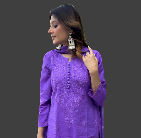 Chikankari Cotton Kurti Pant with dupatta