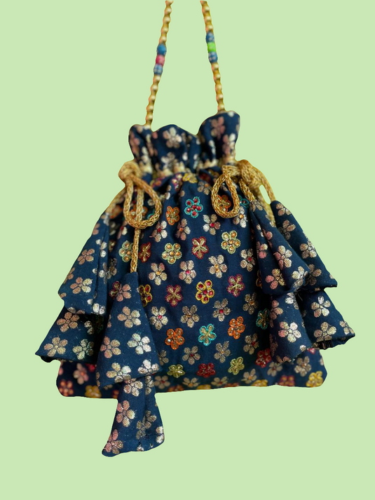 Nevy blue broket Aari hand Embroidered Potli Bag with Multicolor Floral Detailing-Similar available