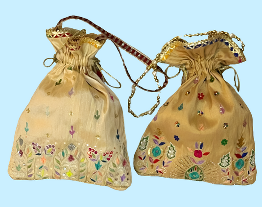 Light brown & Beige Aari hand Embroidered Potli Bags with Multicolor Detailing (one piece)