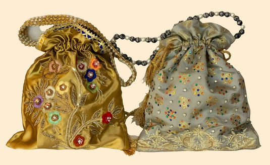Golden & Grey Aari hand Embroidered Potli Bags with Multicolor Detailing (one piece)