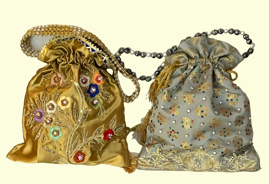 Golden & Grey Aari hand Embroidered Potli Bags with Multicolor Detailing (one piece)