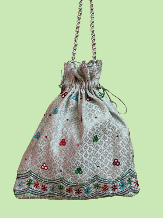 Silver Aari hand Embroidered Potli Bag with Multicolor Floral Detailing