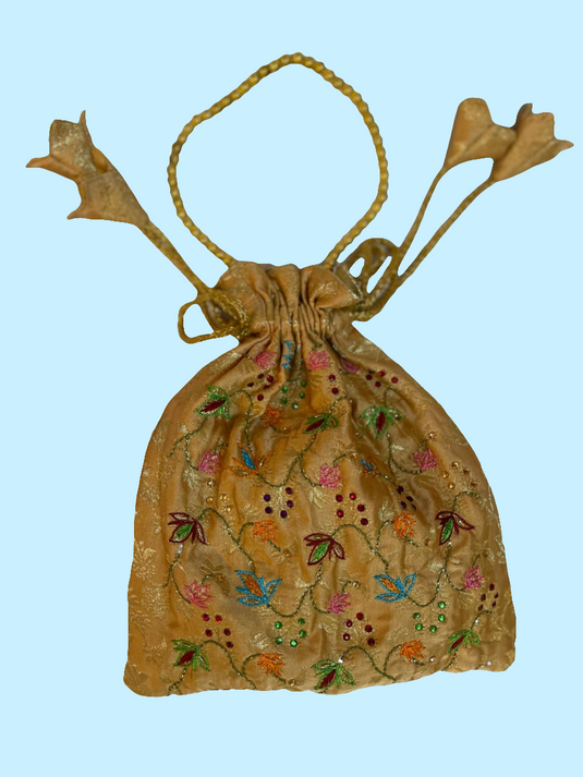 Golden Aari hand Embroidered Potli Bag with Multicolor Floral Detailing