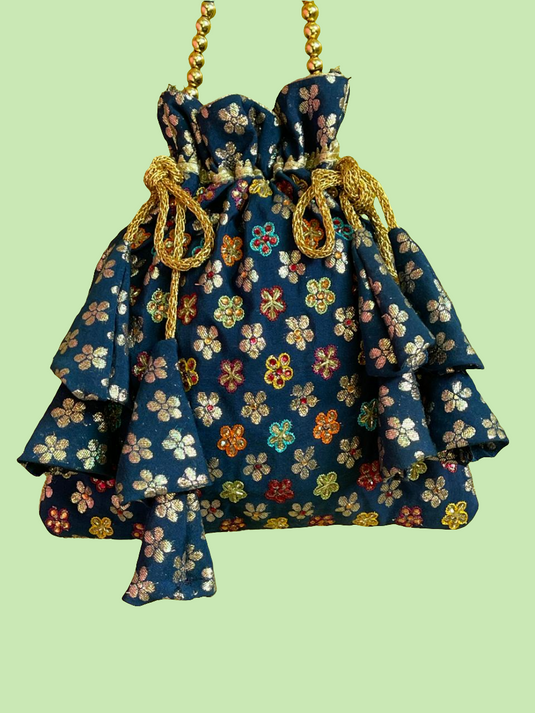 Nevy blue broket Aari hand Embroidered Potli Bag with Multicolor Floral Detailing-Similar available