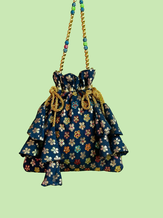 Nevy blue broket Aari hand Embroidered Potli Bag with Multicolor Floral Detailing-Similar available