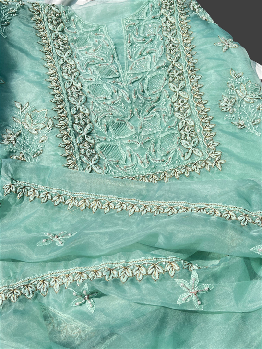 Elegant  turquoise green aari chikankari hand Embroidery Suit Ready to ship