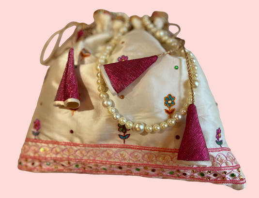 Cream Aari hand Embroidered Potli Bag with Multicolor Floral Detailing