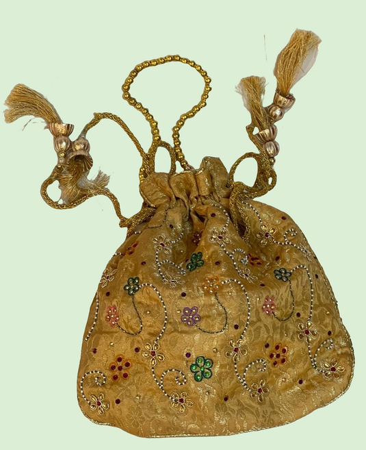 Golden Aari hand Embroidered Potli Bag with Multicolor Floral Detailing