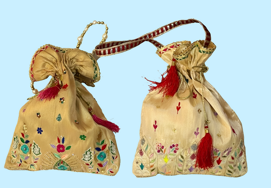 Light brown & Beige Aari hand Embroidered Potli Bags with Multicolor Detailing (one piece)