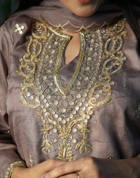 Women’s Mauve Aari Zari Embroidered Suit with Dupatta