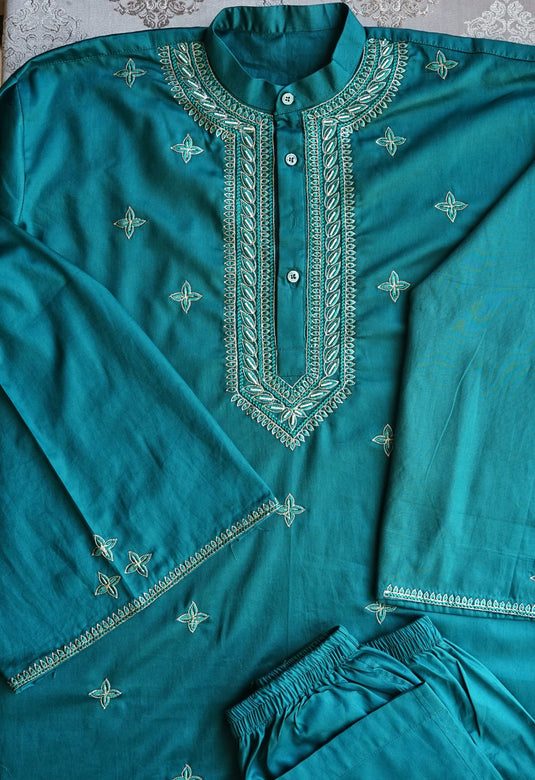 Torquise Men's Co ord set hand Embroidered with beads Aari work
