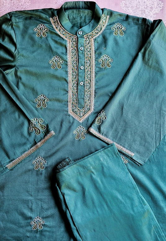 Dark Green Men's Co ord set hand Embroidered with beads Aari work
