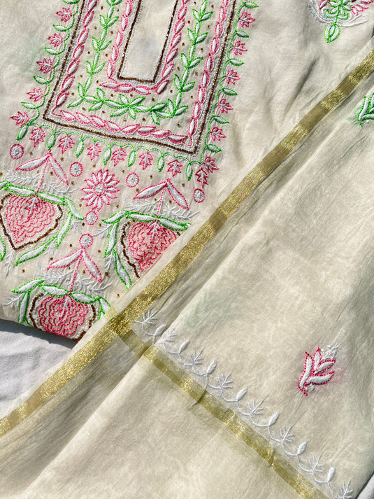 Elegant cream aari chikankari hand Embroidery Suit    Ready to ship