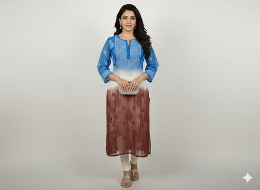 Chikankari multicolor organza long kurti  - similar available                       Ready to Ship